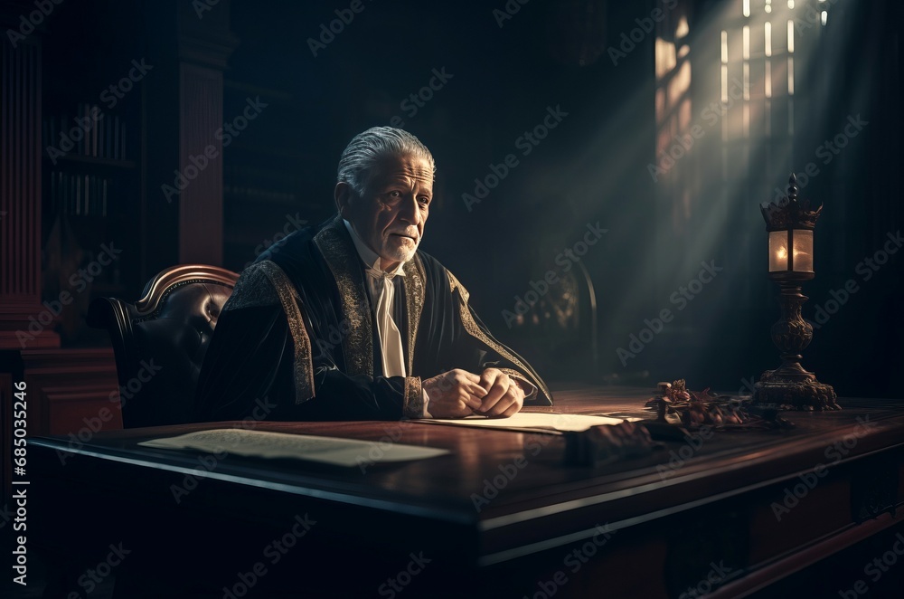 Brooding judge looming desk. Elderly meditative man sitting antique chair. Generate AI