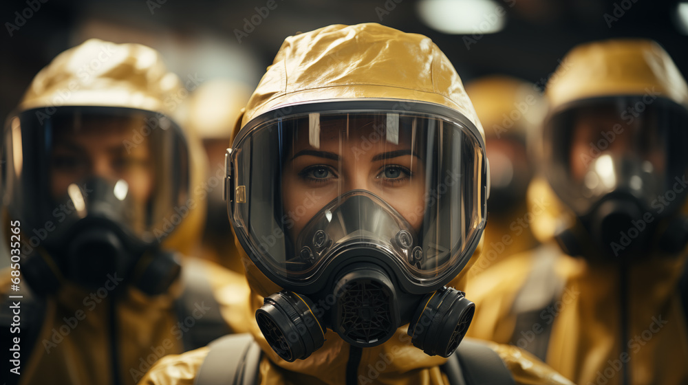 Group of firemen in protective suits and gas masks. Focus on woman Group of firemen in protective suits and gas masks. Focus on woman