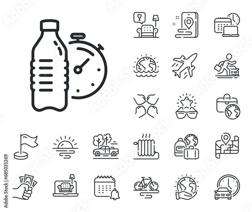 Training drink time sign. Plane jet, travel map and baggage claim outline icons. Fitness water line icon. Gym fit bottle symbol. Fitness water line sign. Car rental, taxi transport icon. Vector