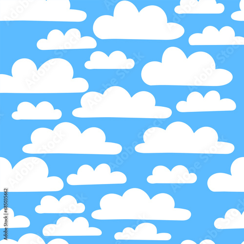 Cute kawaii seamless pattern with cute rainbow, cloud. Blue sky with white clouds. Cartoon cloud vector set. Baby cute pastel colors. Vector Illustration. 