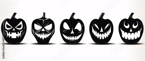 black vector halloween clip art set of jack o lantern faces, strong use of negative space, disfigured forms, holotone printing photo