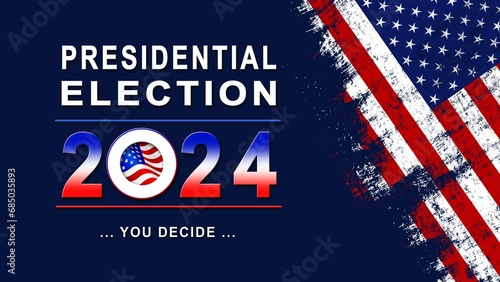 PRESIDENTIAL Election 2024 in United States - banner with american colors design and typography - poster for election voting - 3D Illustration photo