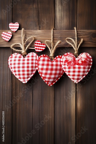 Hearts hanging on rope over wooden background. Valentines day background