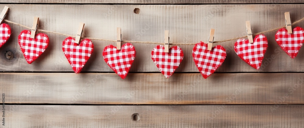 Obraz premium Hearts hanging on rope over wooden background. Valentines day background