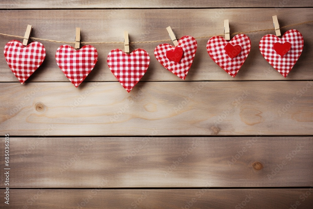 Obraz premium Hearts hanging on rope over wooden background. Valentines day background