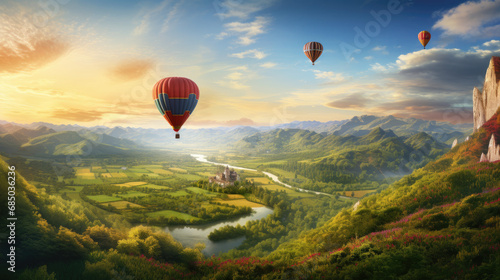 Scenic Hot Air Balloon Journey Over Picturesque Valley © aznur