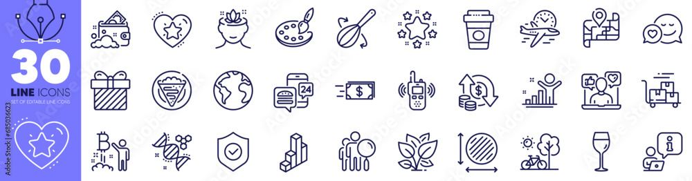 Transmitter, Leaf and Change money line icons pack. Palette, Flight time, Wine glass web icon. Cooking whisk, Dating, Surprise pictogram. 3d chart, Money transfer, Crepe. Interview. Vector