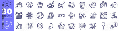 Transmitter, Leaf and Change money line icons pack. Palette, Flight time, Wine glass web icon. Cooking whisk, Dating, Surprise pictogram. 3d chart, Money transfer, Crepe. Interview. Vector