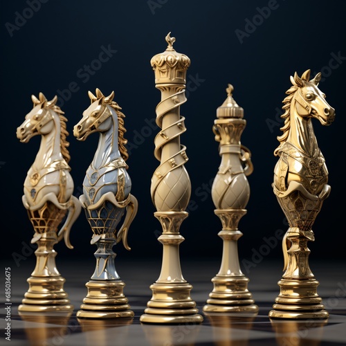 chess set of custom cracted pieces featuring gold motifs, smooth and shiny, hard surface modeling