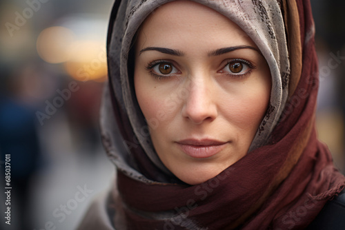 Face of muslim woman with hijab headscarf with blurry city street in background
