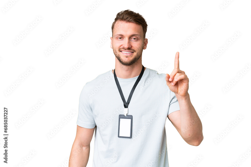 Young caucasian man with ID card over isolated chroma key background showing and lifting a finger in sign of the best Young caucasian man with ID card over isolated chroma key background showing and lifting a finger in sign of the best