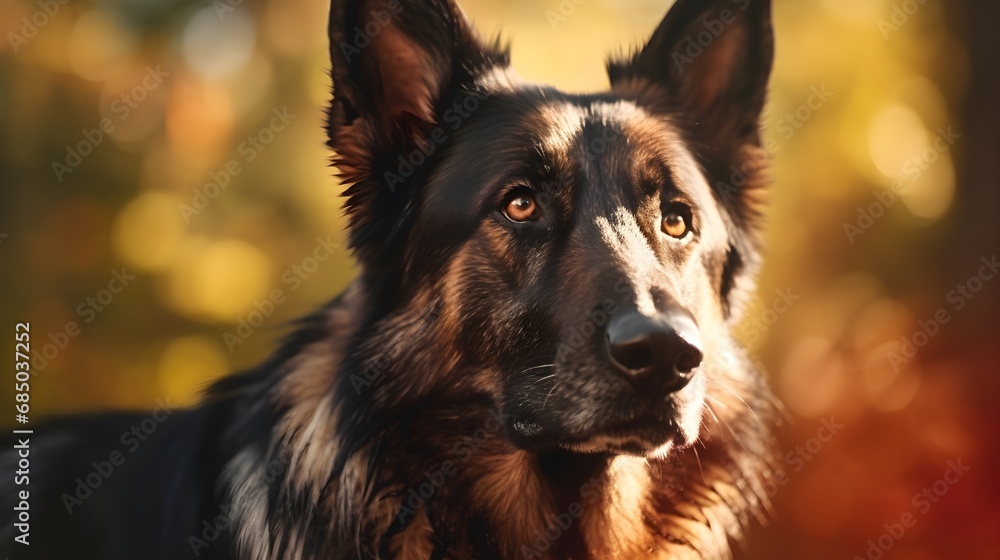 Fototapeta premium Close-up portrait of a German Shepherd dog with space for text, background image, AI generated