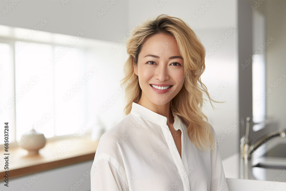 Smiling Asian woman with blond hair with blurry kitchen in background Smiling Asian woman with blond hair with blurry kitchen in background