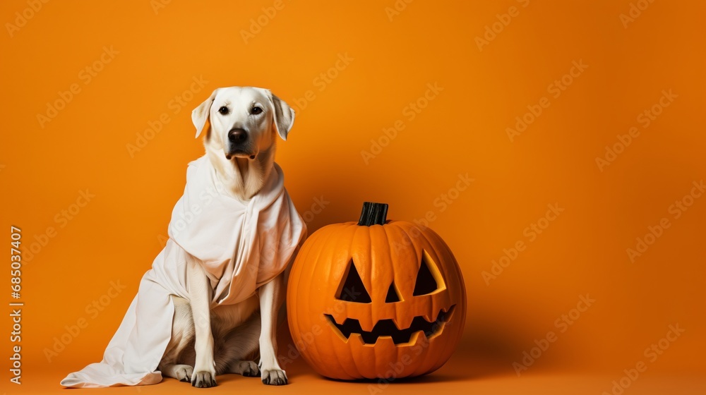 dog in ghost costume and pumpkin sitting on orange background, minimal retouching, haunting figuratives, sculpted