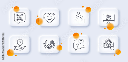 Online storage, Favorite and Smile chat line icons pack. 3d glass buttons with blurred circles. Qr code, Protection shield, Augmented reality web icon. Question bubbles, Repair pictogram. Vector