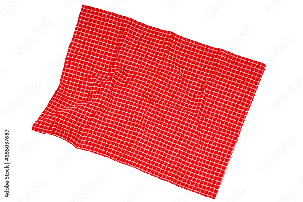 Closeup of a red and white checkered napkin or tablecloth texture isolated on white background. Clipping path. Kitchen accessories. Top view. Closeup of a red and white checkered napkin or tablecloth texture isolated on white background. Clipping path. Kitchen accessories. Top view.