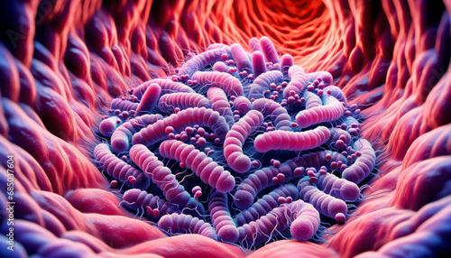 microscopic closeup of bacteria and microbes. interpretation of bacterial colony in tract digestive. Generative Ai photo
