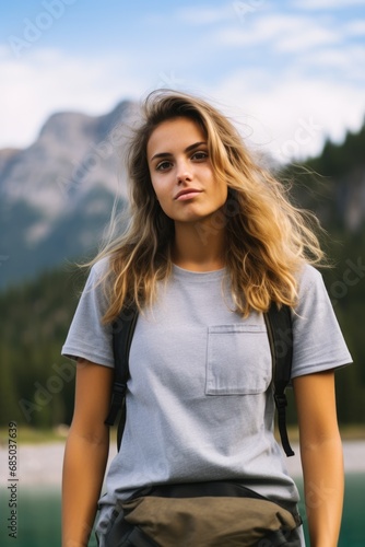 young attractive woman hiker with backpack near mountain lake. AI Generated