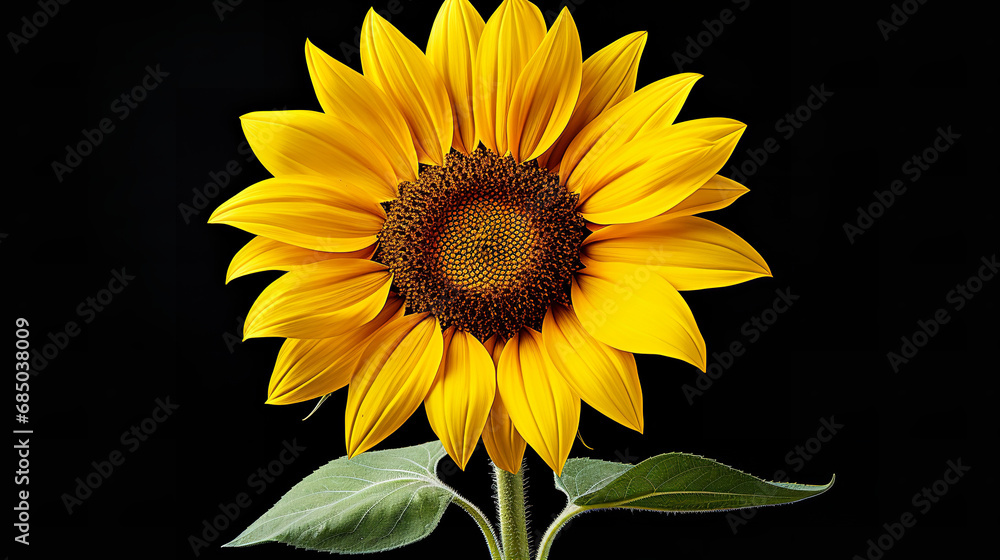 Fototapeta premium A single, bright sunflower with a vivid yellow bloom, set against a black background