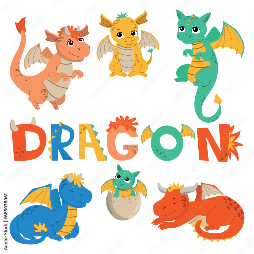 Fototapeta premium Dragons vector set in cartoon style. Fantasy character baby vector illustration
