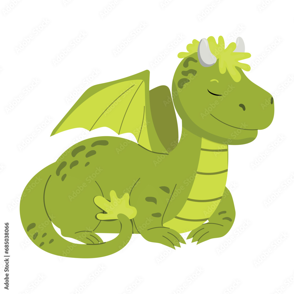 Fototapeta premium Cartoon baby green dragon slipping. Fantasy character vector illustration