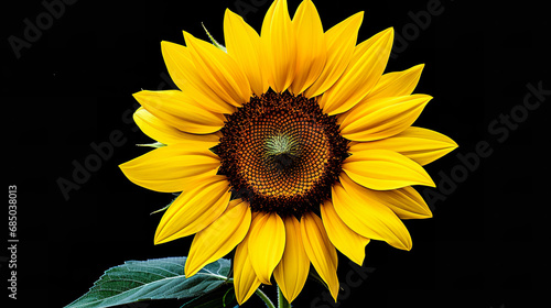 A single, bright sunflower with a vivid yellow bloom, set against a black background