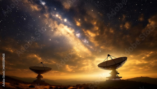 Two large radio telescopes with satellite dishes on planet Earth pointing at starry sky. High-tech astronomical observatory for observing the cosmos with its stars and galaxies. photo