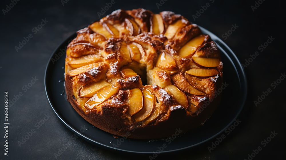 flat lay, Capture a photo of a apple cake in dark tones flat lay, Capture a photo of a apple cake in dark tones