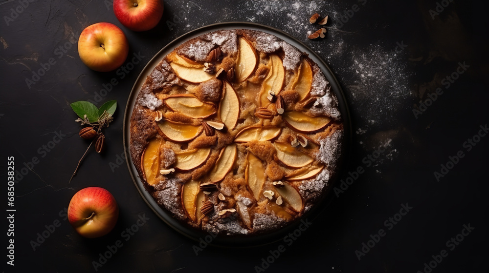 flat lay, Capture a photo of a apple cake in dark tones flat lay, Capture a photo of a apple cake in dark tones