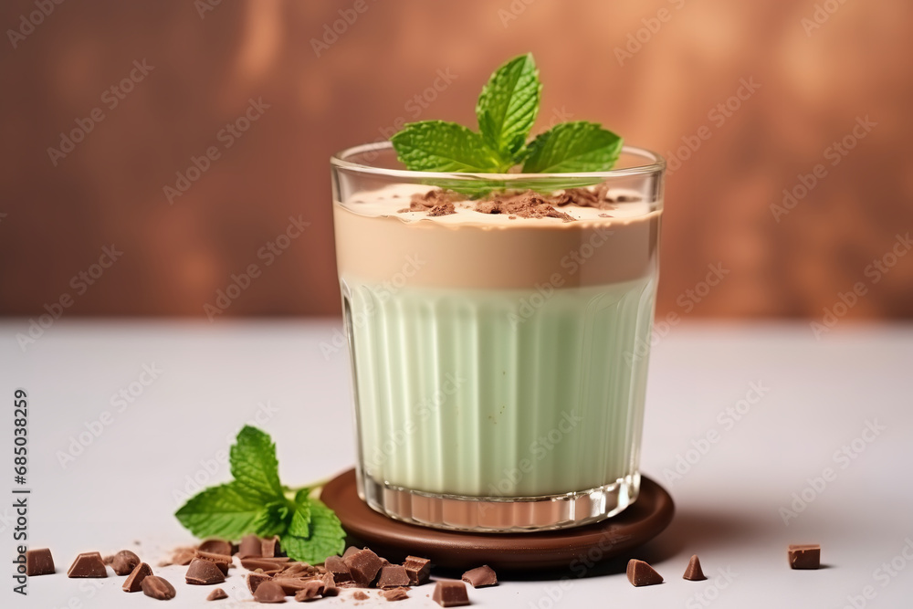 Copy space, Peppermint mocha - mint mocha - a classic combination of chocolate, mint and coffee, against the backdrop of glare Copy space, Peppermint mocha - mint mocha - a classic combination of chocolate, mint and coffee, against the backdrop of glare