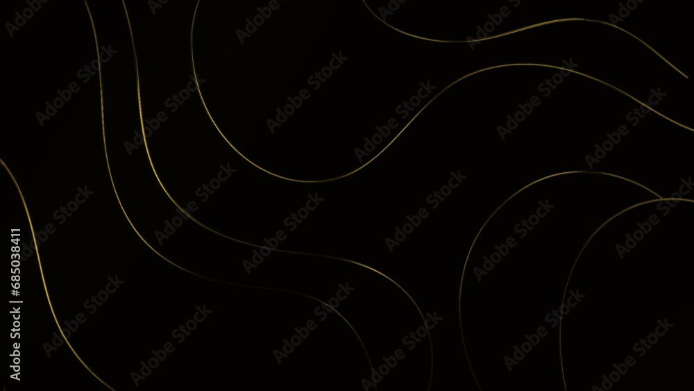 This is a 4k motion graphics loop animation featuring abstract golden lines on a black background.