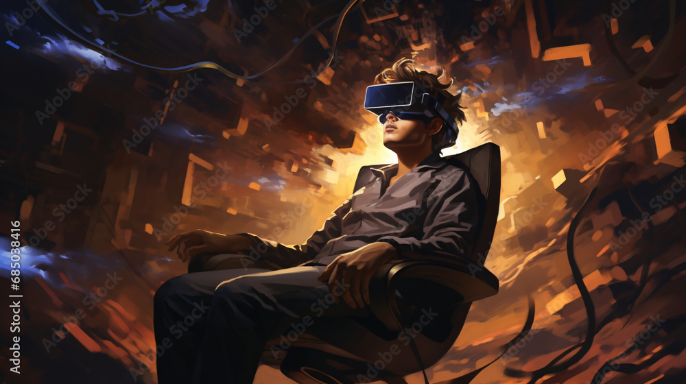 Man sitting on armchair wearing virtual reality head