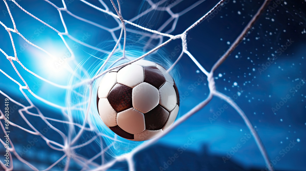 Fototapeta premium Reaching goal concept. Soccer Ball in a Net