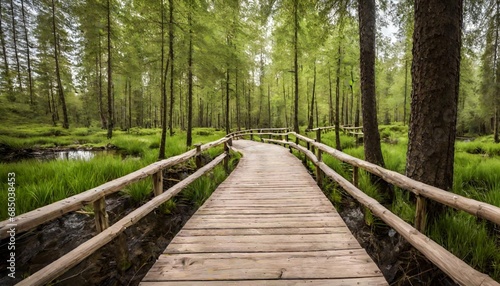 Beautiful wooden path trail for nature trekking with lakes.