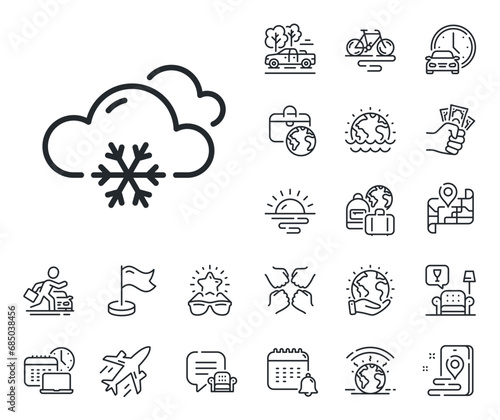 Clouds with snowflake sign. Plane jet, travel map and baggage claim outline icons. Snow weather forecast line icon. Cloudy sky symbol. Snow weather line sign. Car rental, taxi transport icon. Vector