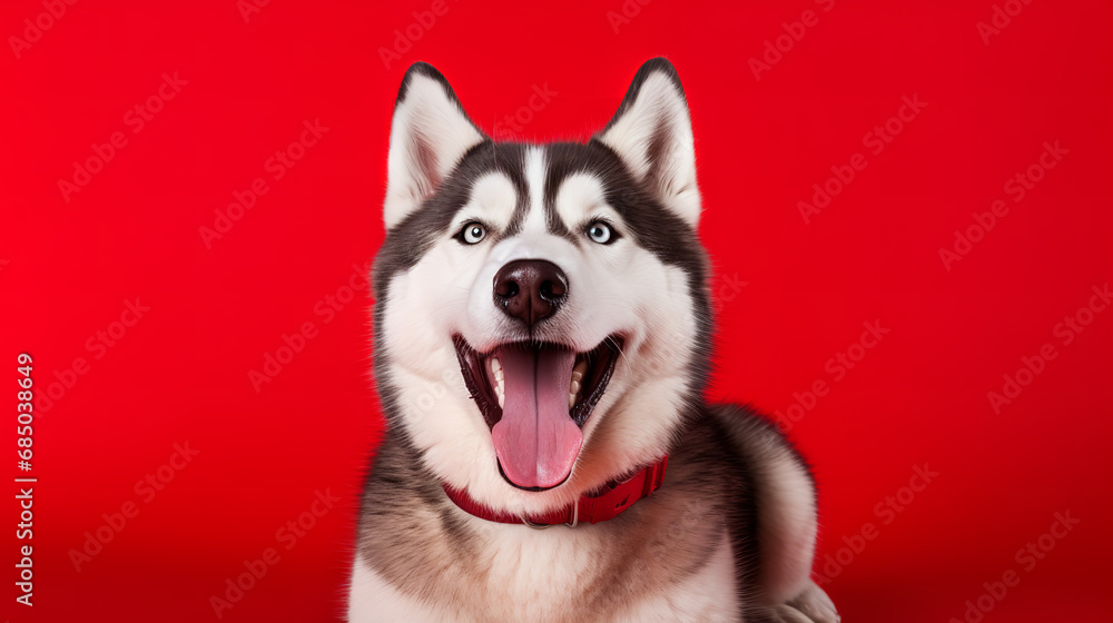 Happy and excited purebred dog, Siberian Husky over red background. Smile. Concept of domestic animals, studio photo Happy and excited purebred dog, Siberian Husky over red background. Smile. Concept of domestic animals, studio photo