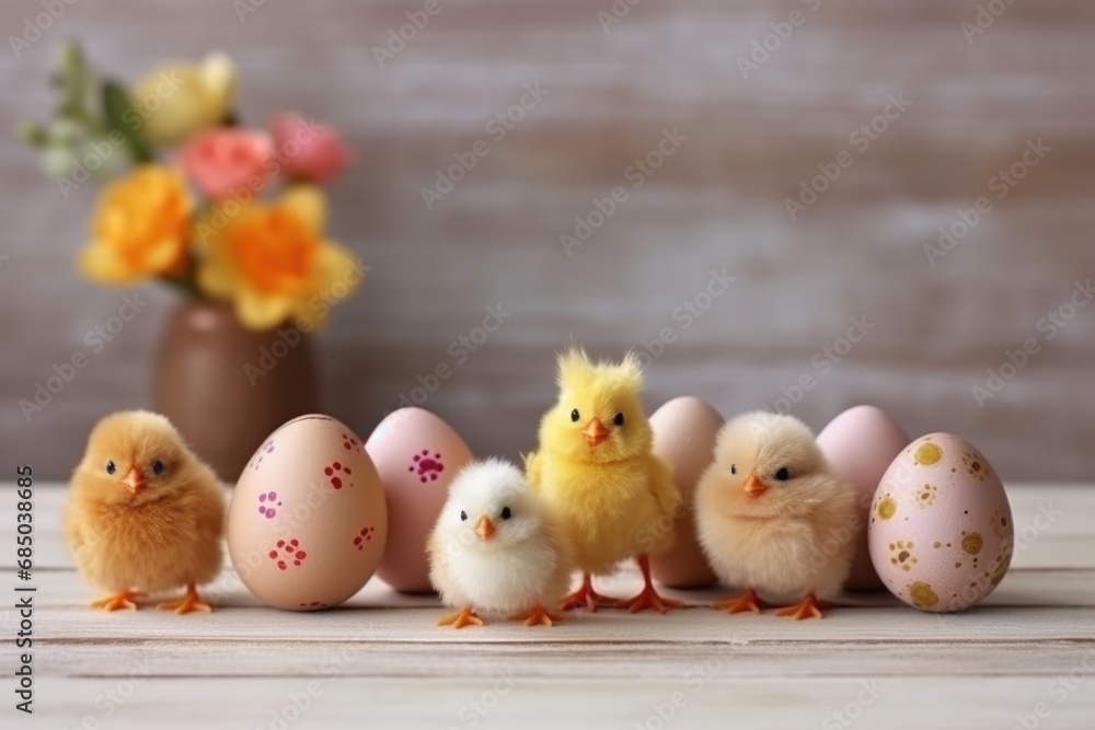 Adorable Fluffy Chicks Amongst Pastel Easter Eggs and Spring Flowers.