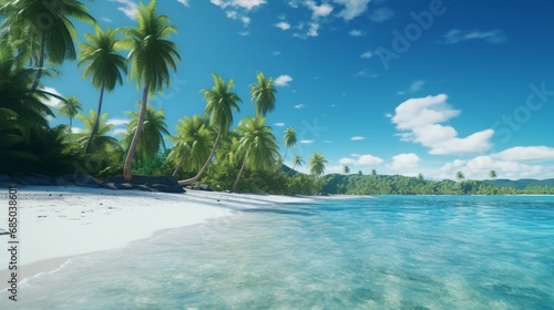A tropical paradise with palm trees, crystal-clear water, and white sandy beaches.