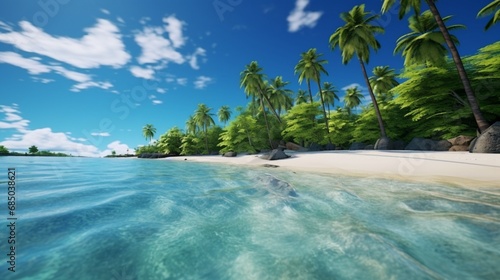 A tropical paradise with palm trees, crystal-clear water, and white sandy beaches.