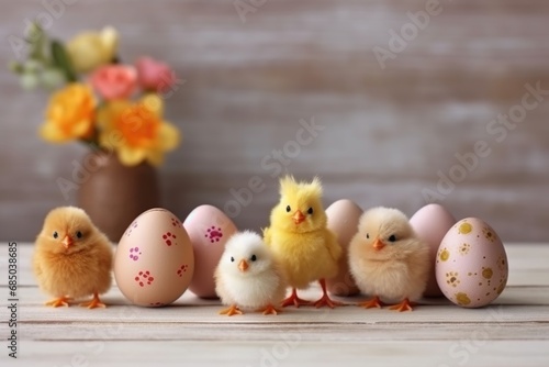 Adorable Fluffy Chicks Amongst Pastel Easter Eggs and Spring Flowers. © _veiksme_