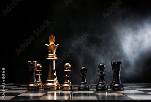 king with black chess pieces on chessboard background with spotlight, dark gray and bronze, objective abstraction, tightly cropped compositions