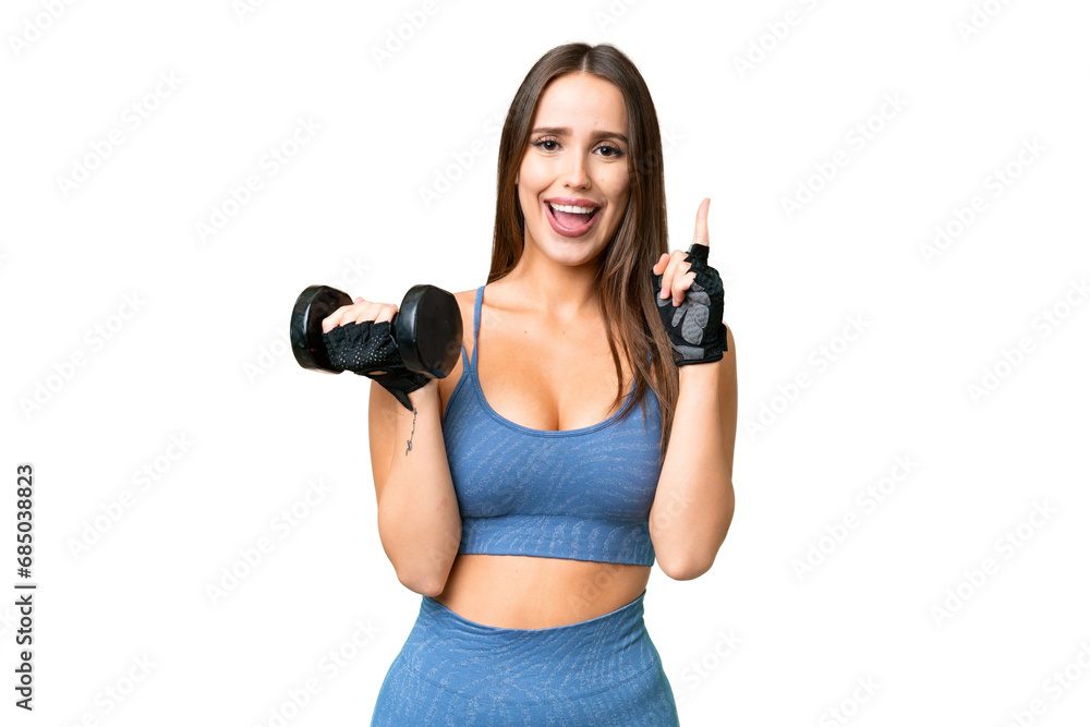 Young sport woman making weightlifting over isolated chroma key background pointing up a great idea Young sport woman making weightlifting over isolated chroma key background pointing up a great idea