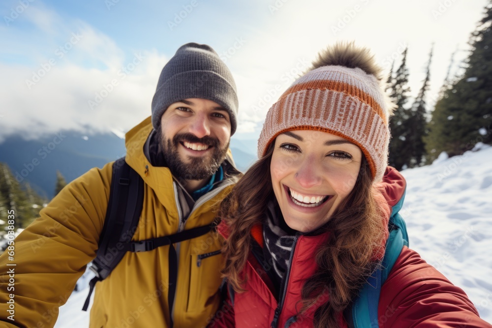 Couple hiking in mountains in winter. AI Generated