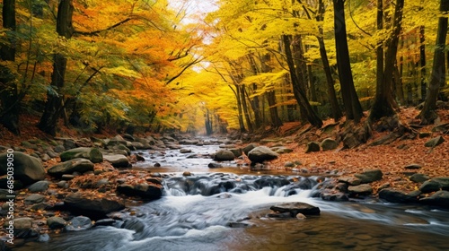 A winding river surrounded by vibrant fall foliage in an autumn forest.