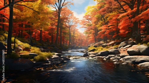 A winding river surrounded by vibrant fall foliage in an autumn forest.