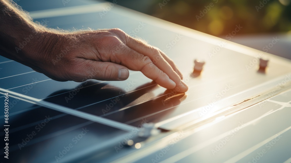 Close-up of a technician's hand rubbing on a solar panel. 