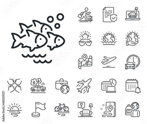 Shoal of gill-bearing animals sign. Plane jet, travel map and baggage claim outline icons. Fish school line icon. Flock of salmon symbol. Fish school line sign. Car rental, taxi transport icon. Vector
