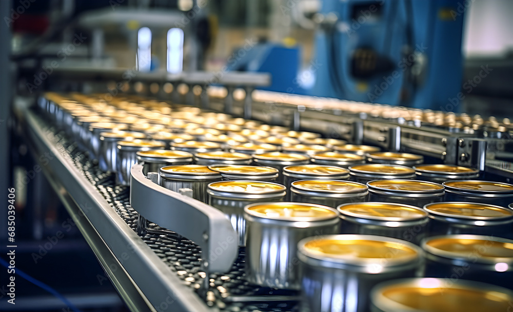 Production of canning jars in large quantities in a factory. Canned goods on the conveyor - obrazy, fototapety, plakaty 