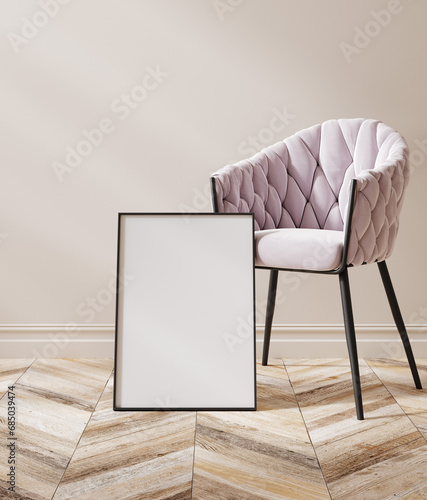 Fototapeta Naklejka Na Ścianę i Meble -  Mock up frame in home interior background, empty beige room with chair and frame, 3d render