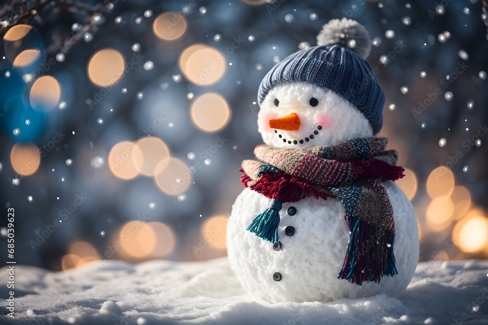 Smiling snowman. The winter background is adorned with shimmering gold confetti, adding a touch of elegance to this playful New Year mockup. Smiling snowman. The winter background is adorned with shimmering gold confetti, adding a touch of elegance to this playful New Year mockup.
